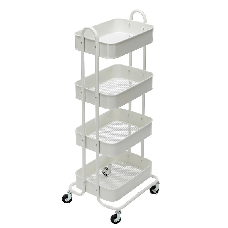 Chariot de rangement roulant en métal à 4 niveaux avec roulettes — Blanc / Rose / Noir / Rouge / Beige / Bleu / Gris, Pour 1 personne