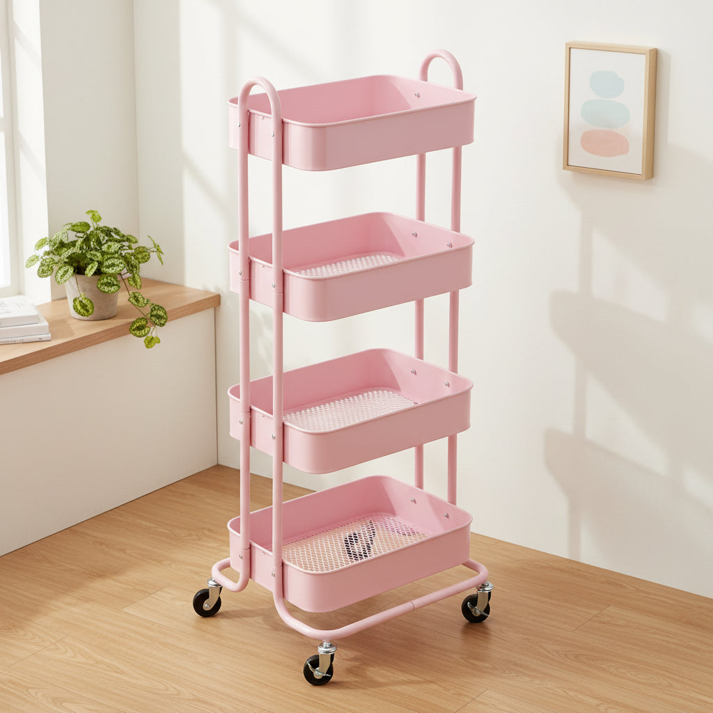 Chariot de rangement roulant en métal à 4 niveaux avec roulettes — Blanc / Rose / Noir / Rouge / Beige / Bleu / Gris, Pour 1 personne