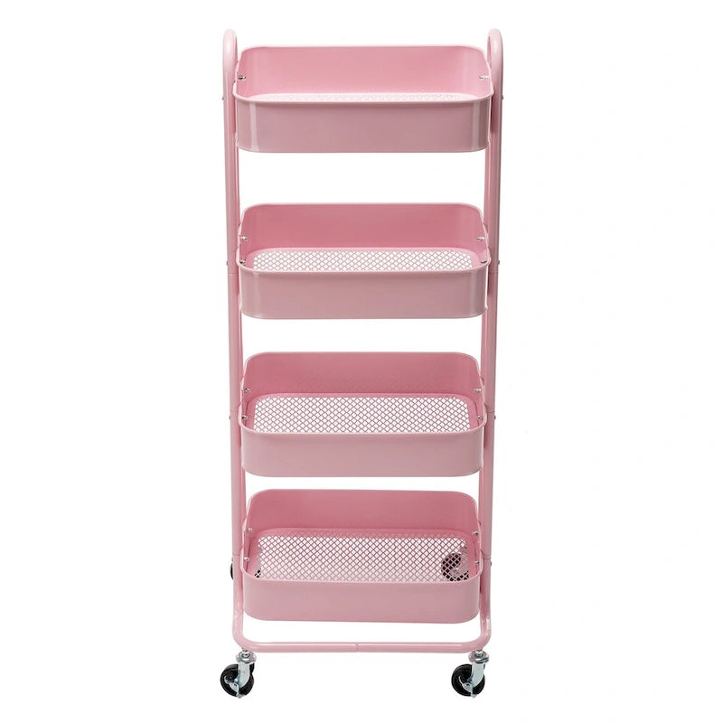 Chariot de rangement roulant en métal à 4 niveaux avec roulettes — Blanc / Rose / Noir / Rouge / Beige / Bleu / Gris, Pour 1 personne