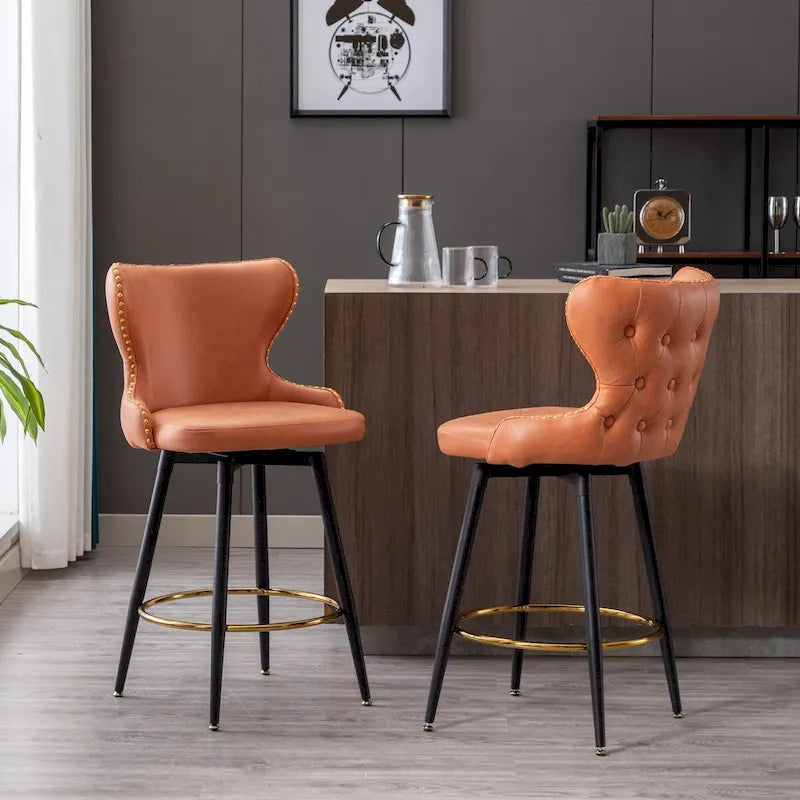 Tabouret de bar pivotant orange / gris clair / gris foncé / beige, similicuir capitonné, lot de 2