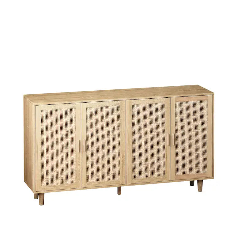 Armoire de rangement 4 portes en rotin naturel, pieds en bois, unité simple