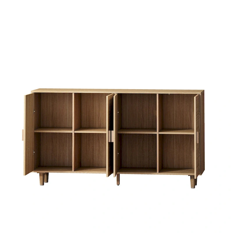 Armoire de rangement 4 portes en rotin naturel, pieds en bois, unité simple