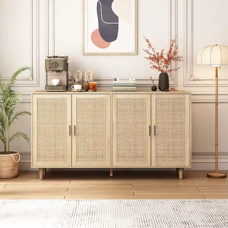 Armoire de rangement 4 portes en rotin naturel, pieds en bois, unité simple
