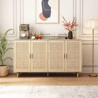 Armoire de rangement 4 portes en rotin naturel, pieds en bois, unité simple