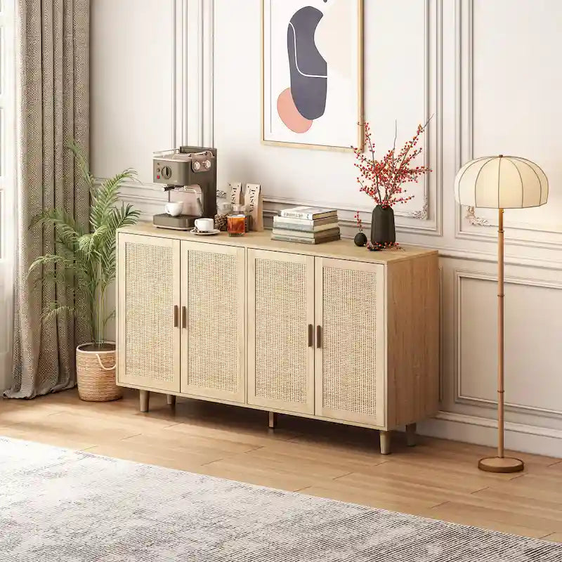 Armoire de rangement 4 portes en rotin naturel, pieds en bois, unité simple