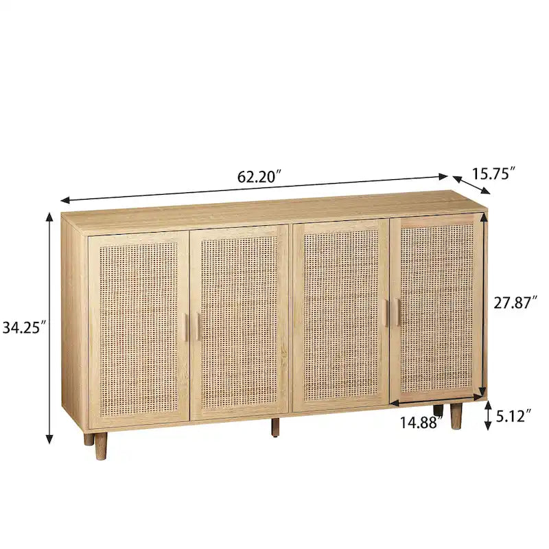 Armoire de rangement 4 portes en rotin naturel, pieds en bois, unité simple