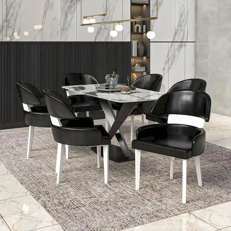 Chaise de salle à manger en cuir vegan – Dossier incurvé, pieds en hévéa (Blanc / Noir / Noir et crème / Taupe / Gris) – À l'unité