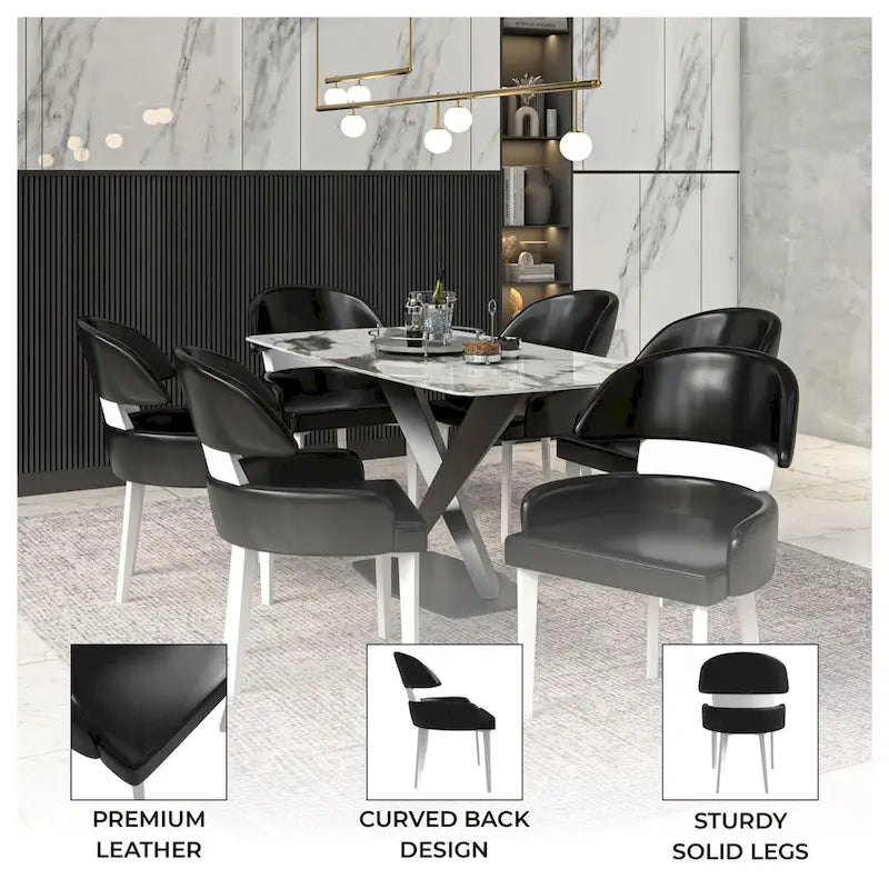 Chaise de salle à manger en cuir vegan – Dossier incurvé, pieds en hévéa (Blanc / Noir / Noir et crème / Taupe / Gris) – À l'unité