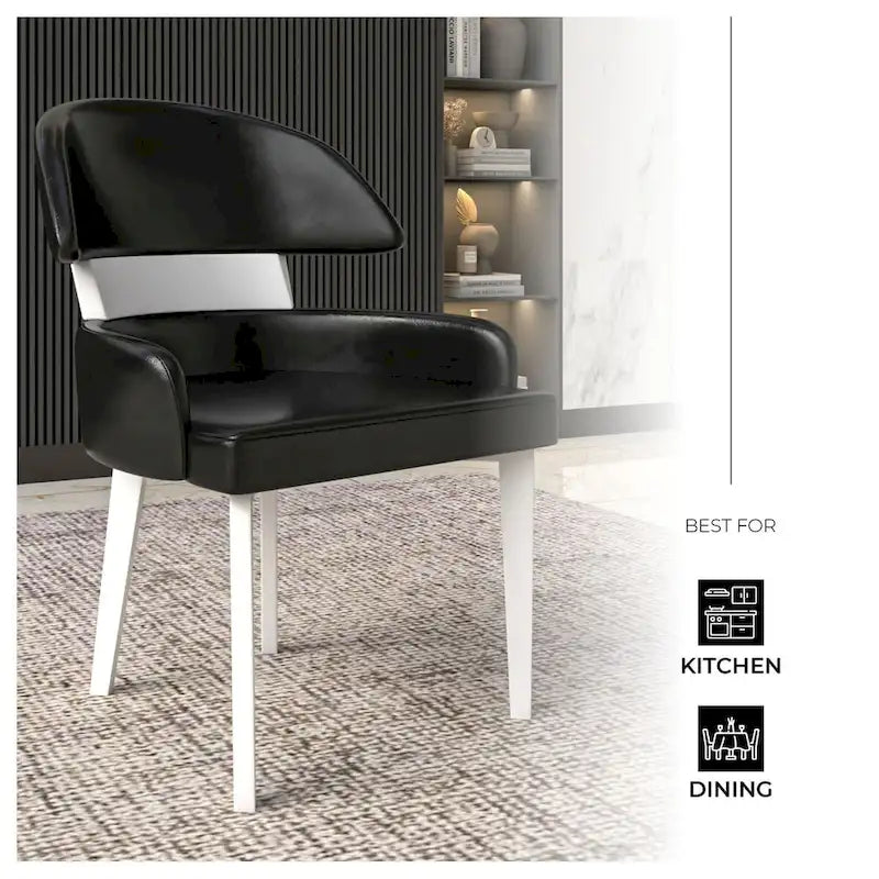 Chaise de salle à manger en cuir vegan – Dossier incurvé, pieds en hévéa (Blanc / Noir / Noir et crème / Taupe / Gris) – À l'unité