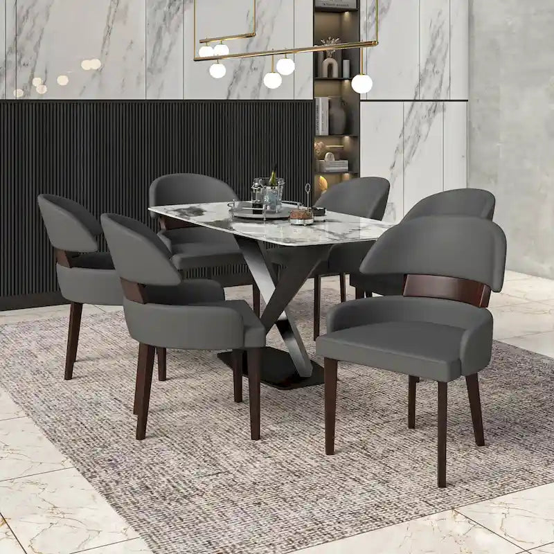 Chaise de salle à manger en cuir vegan – Dossier incurvé, pieds en hévéa (Blanc / Noir / Noir et crème / Taupe / Gris) – À l'unité