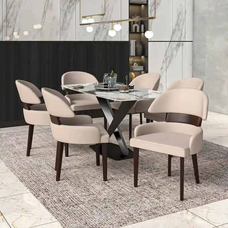 Chaise de salle à manger en cuir vegan – Dossier incurvé, pieds en hévéa (Blanc / Noir / Noir et crème / Taupe / Gris) – À l'unité