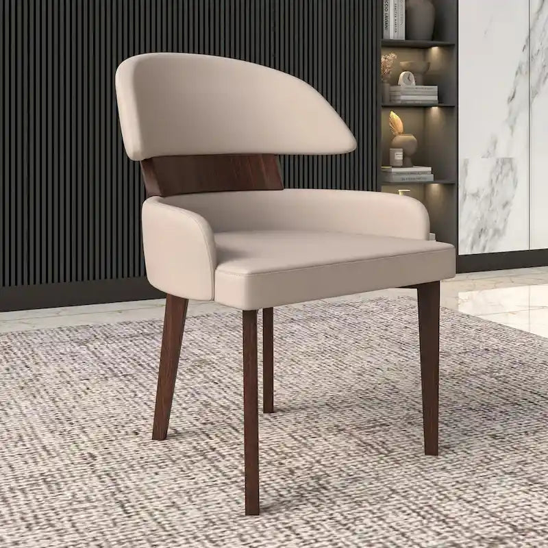 Chaise de salle à manger en cuir vegan – Dossier incurvé, pieds en hévéa (Blanc / Noir / Noir et crème / Taupe / Gris) – À l'unité