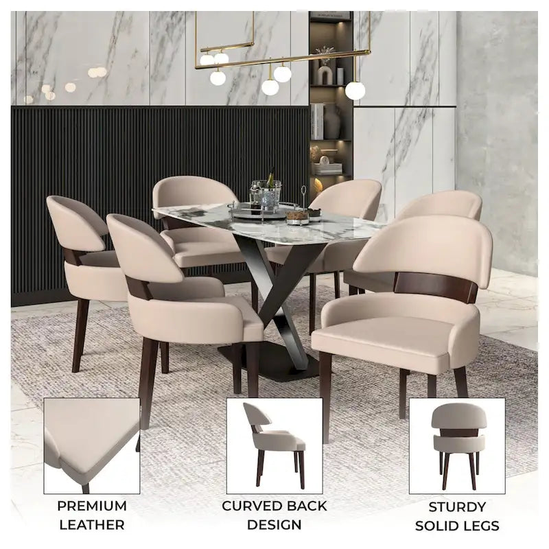 Chaise de salle à manger en cuir vegan – Dossier incurvé, pieds en hévéa (Blanc / Noir / Noir et crème / Taupe / Gris) – À l'unité