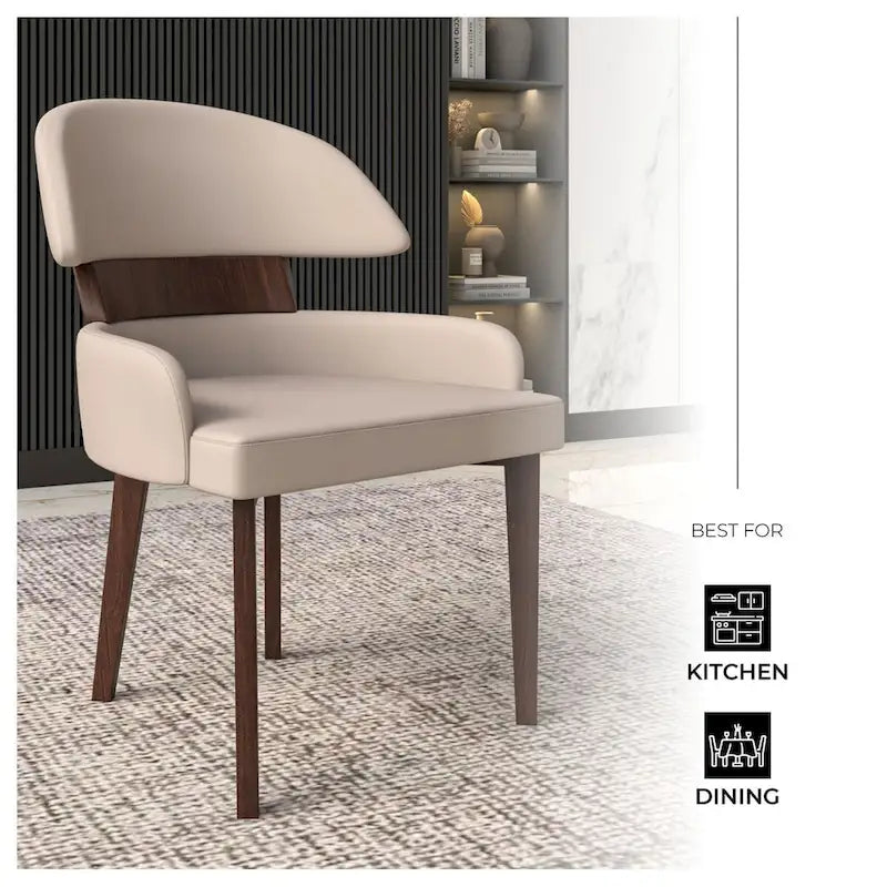 Chaise de salle à manger en cuir vegan – Dossier incurvé, pieds en hévéa (Blanc / Noir / Noir et crème / Taupe / Gris) – À l'unité