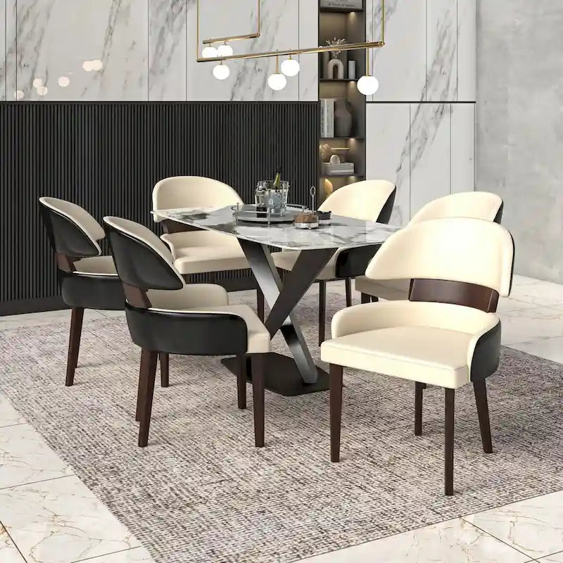 Chaise de salle à manger en cuir vegan – Dossier incurvé, pieds en hévéa (Blanc / Noir / Noir et crème / Taupe / Gris) – À l'unité