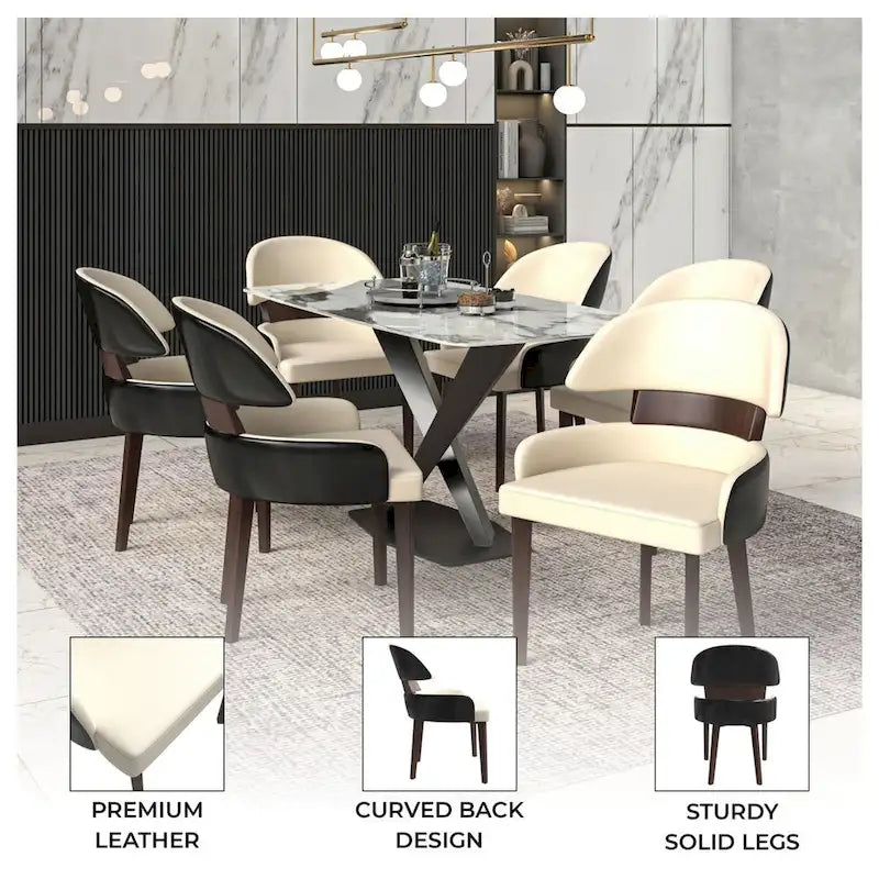 Chaise de salle à manger en cuir vegan – Dossier incurvé, pieds en hévéa (Blanc / Noir / Noir et crème / Taupe / Gris) – À l'unité