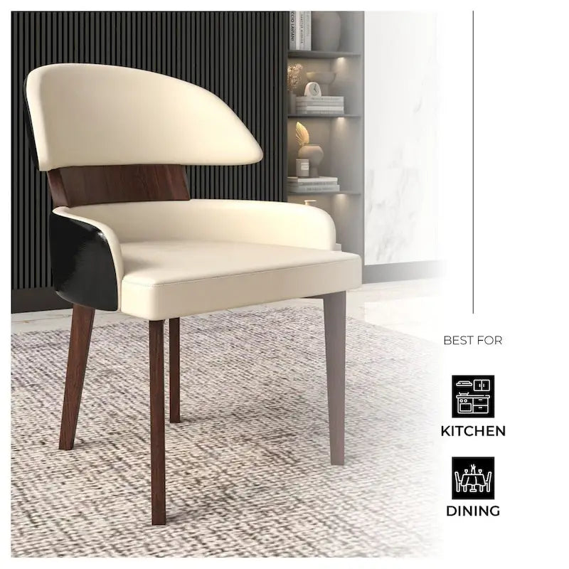 Chaise de salle à manger en cuir vegan – Dossier incurvé, pieds en hévéa (Blanc / Noir / Noir et crème / Taupe / Gris) – À l'unité