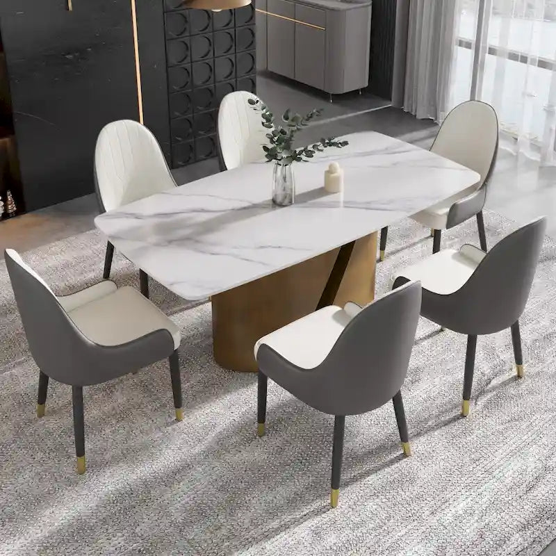 Table de salle à manger en pierre frittée Pandora noire/blanche avec pieds en métal doré, 6 à 8 places