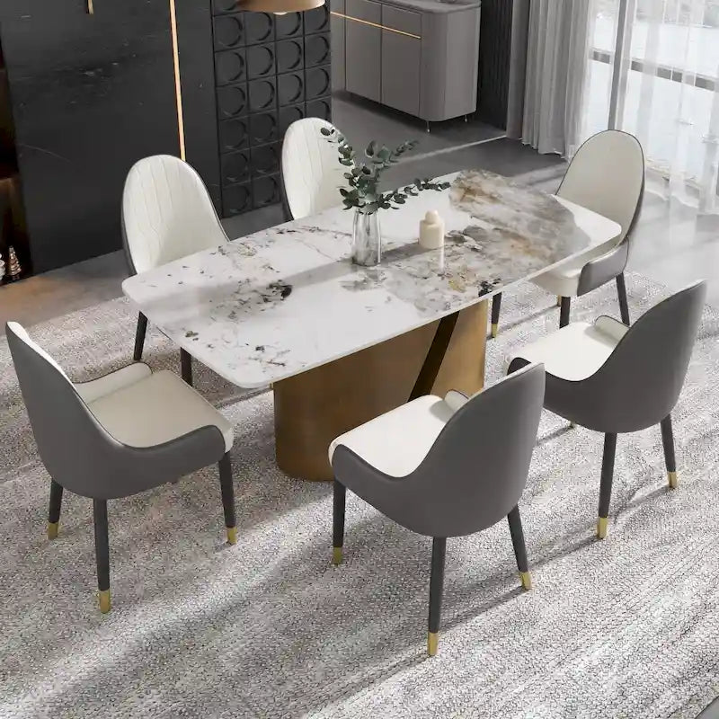 Table de salle à manger en pierre frittée Pandora noire/blanche avec pieds en métal doré, 6 à 8 places