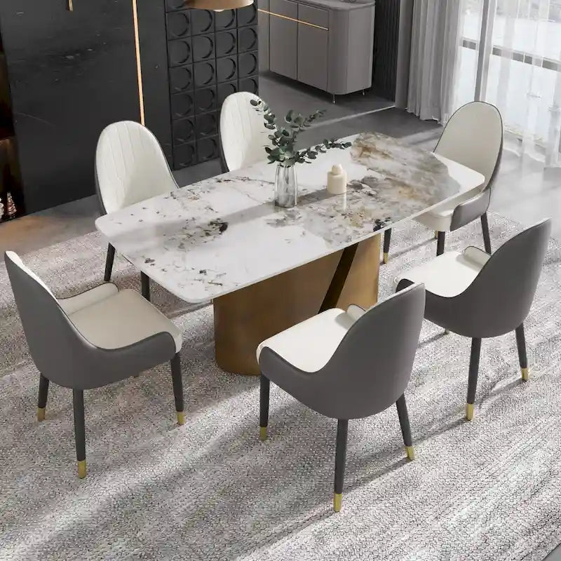 Table de salle à manger en pierre frittée Pandora noire/blanche avec pieds en métal doré, 6 à 8 places