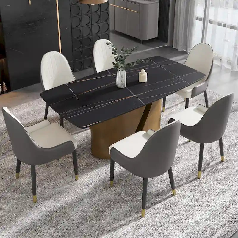 Table de salle à manger en pierre frittée Pandora noire/blanche avec pieds en métal doré, 6 à 8 places