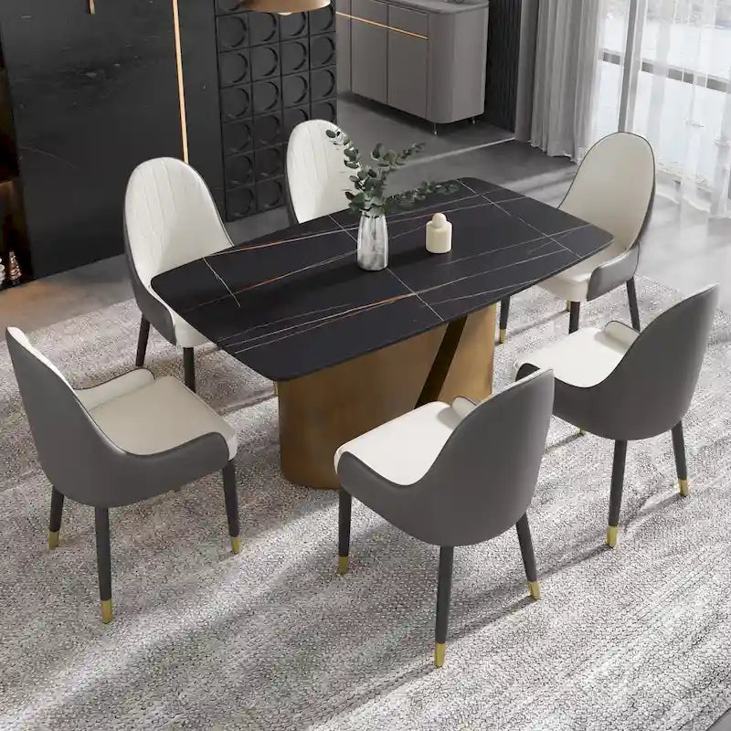 Table de salle à manger en pierre frittée Pandora noire/blanche avec pieds en métal doré, 6 à 8 places