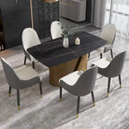 Table de salle à manger en pierre frittée Pandora noire/blanche avec pieds en métal doré, 6 à 8 places