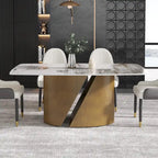 Table de salle à manger en pierre frittée Pandora noire/blanche avec pieds en métal doré, 6 à 8 places