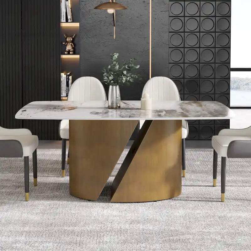 Table de salle à manger en pierre frittée Pandora noire/blanche avec pieds en métal doré, 6 à 8 places