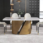 Table de salle à manger en pierre frittée Pandora noire/blanche avec pieds en métal doré, 6 à 8 places