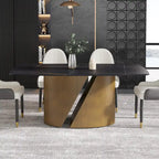 Table de salle à manger en pierre frittée Pandora noire/blanche avec pieds en métal doré, 6 à 8 places