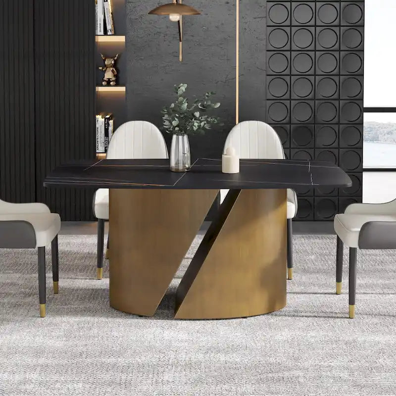 Table de salle à manger en pierre frittée Pandora noire/blanche avec pieds en métal doré, 6 à 8 places