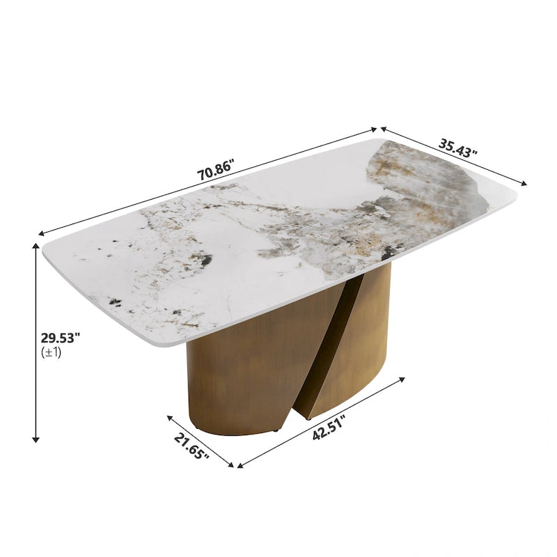 Table de salle à manger en pierre frittée Pandora noire/blanche avec pieds en métal doré, 6 à 8 places