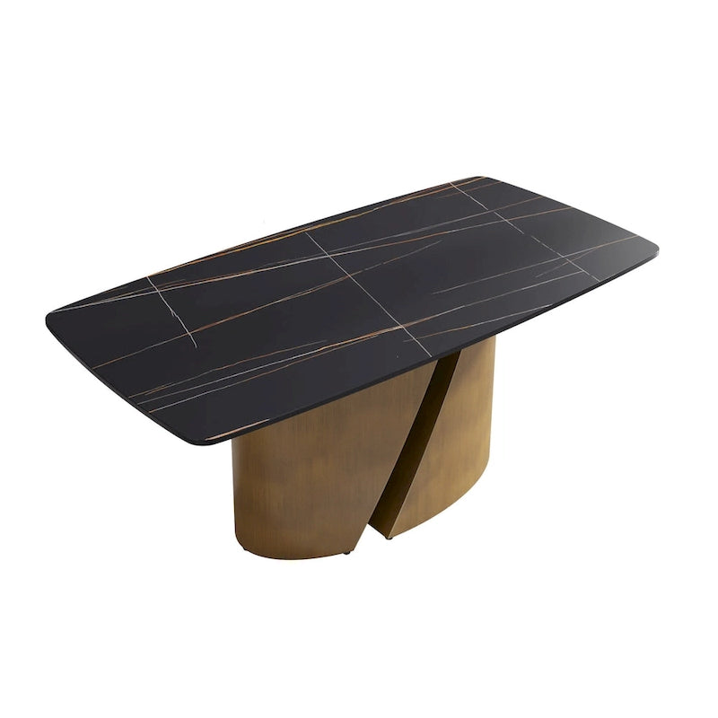 Table de salle à manger en pierre frittée Pandora noire/blanche avec pieds en métal doré, 6 à 8 places