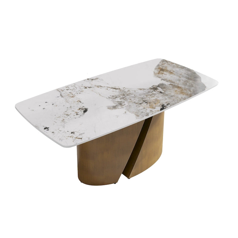 Table de salle à manger en pierre frittée Pandora noire/blanche avec pieds en métal doré, 6 à 8 places