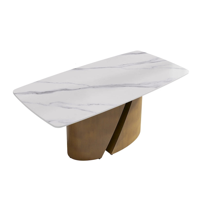 Table de salle à manger en pierre frittée Pandora noire/blanche avec pieds en métal doré, 6 à 8 places