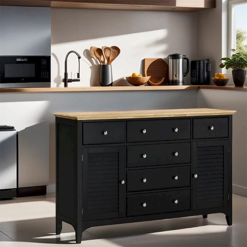 Buffet noir avec étagères réglables, 2 placards et 6 tiroirs