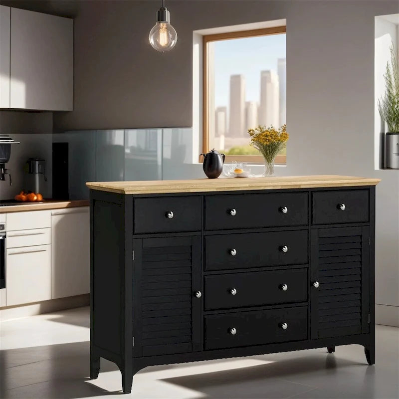Buffet noir avec étagères réglables, 2 placards et 6 tiroirs