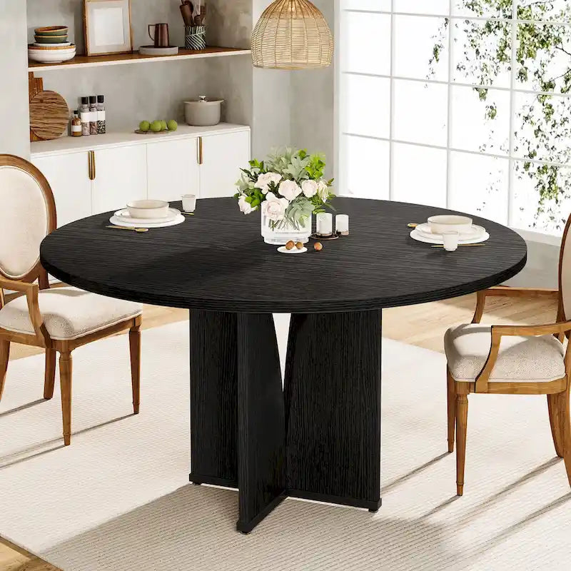 Table de salle à manger ronde à pied central marron pour 4 personnes, bois composite, 100 cm
