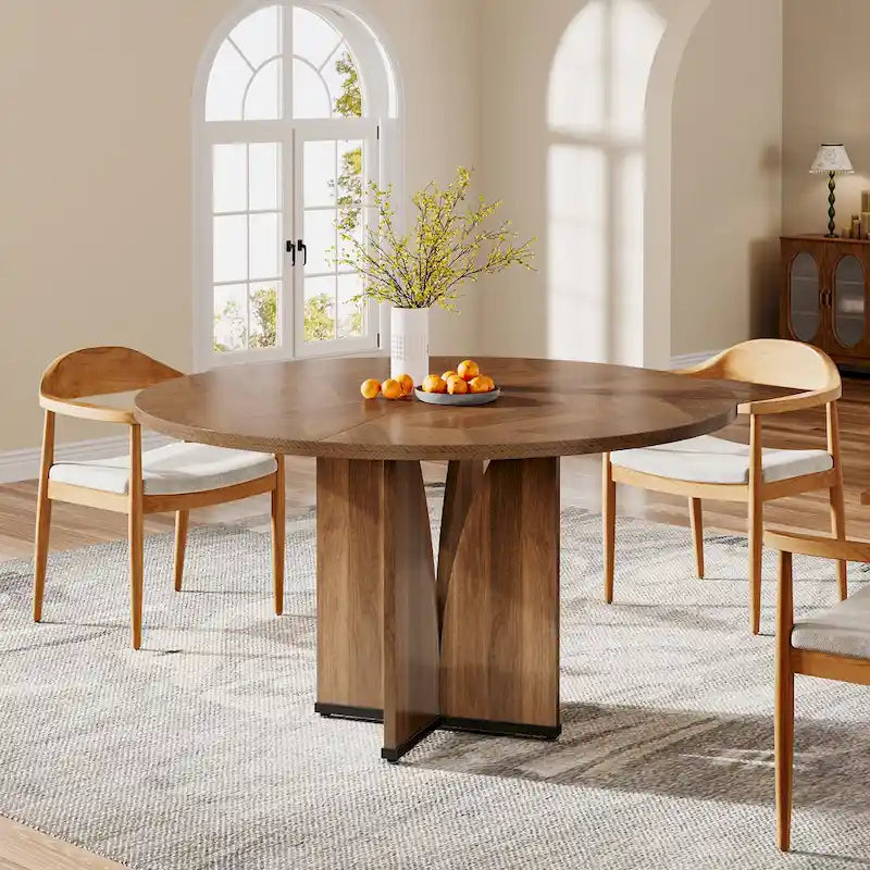 Table de salle à manger ronde à pied central marron pour 4 personnes, bois composite, 100 cm