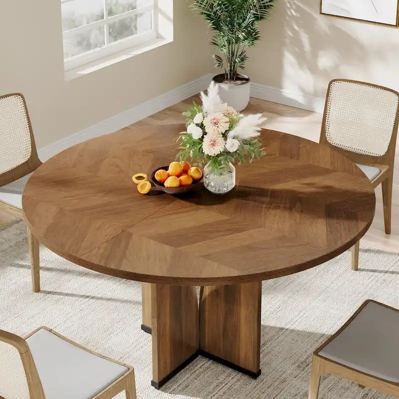 Table de salle à manger ronde à pied central marron pour 4 personnes, bois composite, 100 cm