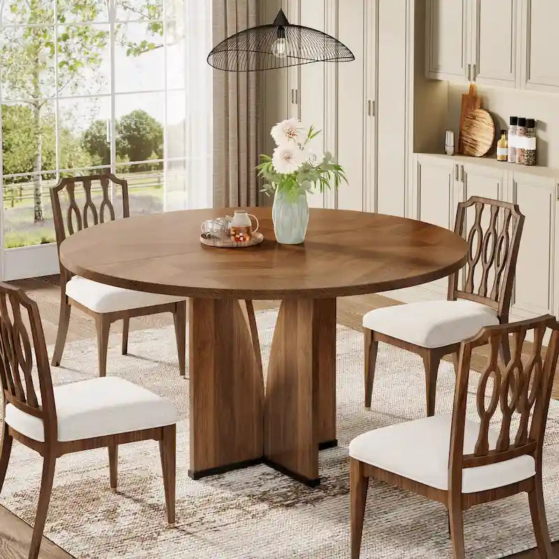 Table de salle à manger ronde à pied central marron pour 4 personnes, bois composite, 100 cm