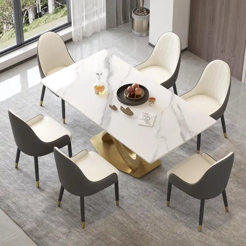 Table de salle à manger en pierre frittée blanche/noire, piédestal en acier inoxydable doré, pour 4 à 6 personnes