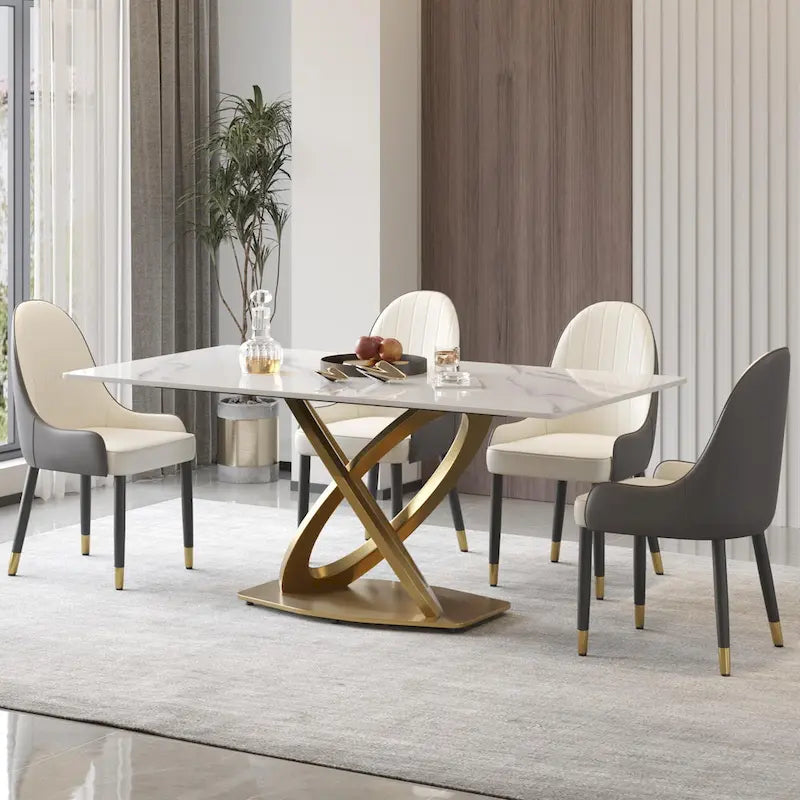 Table de salle à manger en pierre frittée blanche/noire, piédestal en acier inoxydable doré, pour 4 à 6 personnes