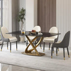 Table de salle à manger en pierre frittée blanche/noire, piédestal en acier inoxydable doré, pour 4 à 6 personnes