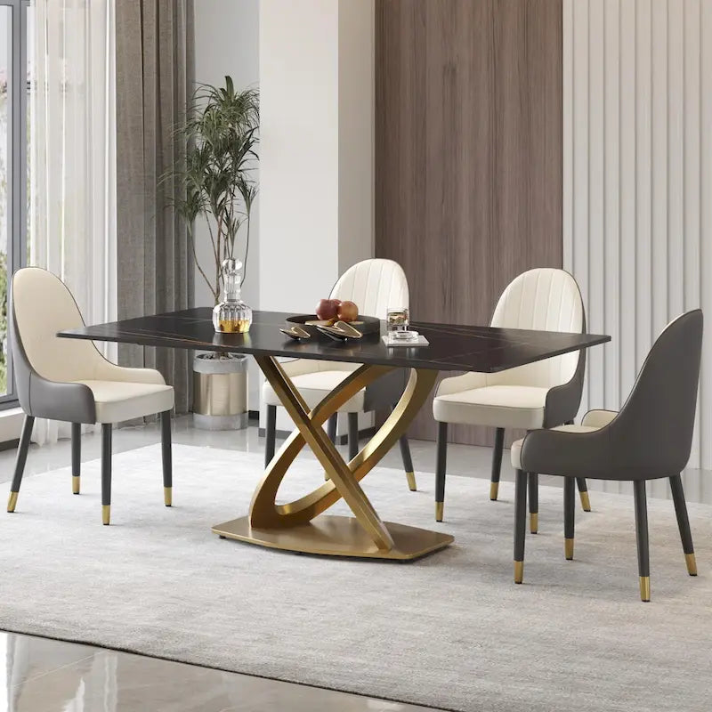 Table de salle à manger en pierre frittée blanche/noire, piédestal en acier inoxydable doré, pour 4 à 6 personnes