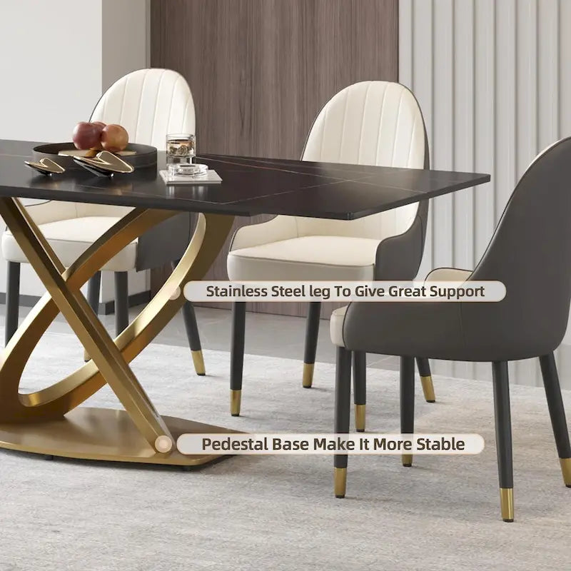 Table de salle à manger en pierre frittée blanche/noire, piédestal en acier inoxydable doré, pour 4 à 6 personnes