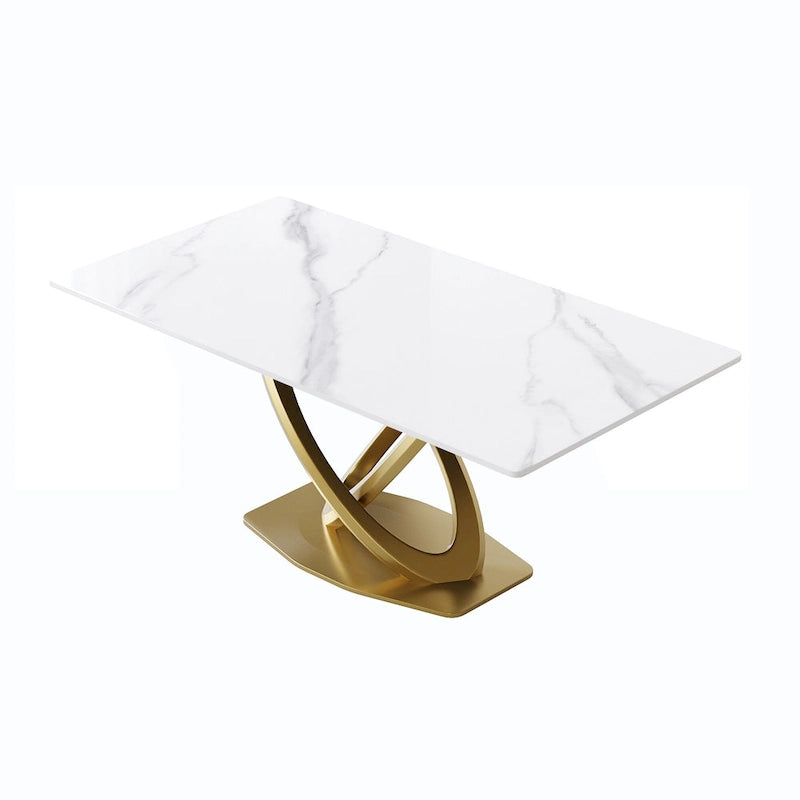 Table de salle à manger en pierre frittée blanche/noire, piédestal en acier inoxydable doré, pour 4 à 6 personnes