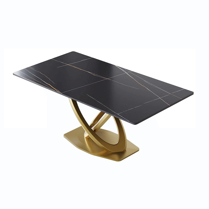 Table de salle à manger en pierre frittée blanche/noire, piédestal en acier inoxydable doré, pour 4 à 6 personnes
