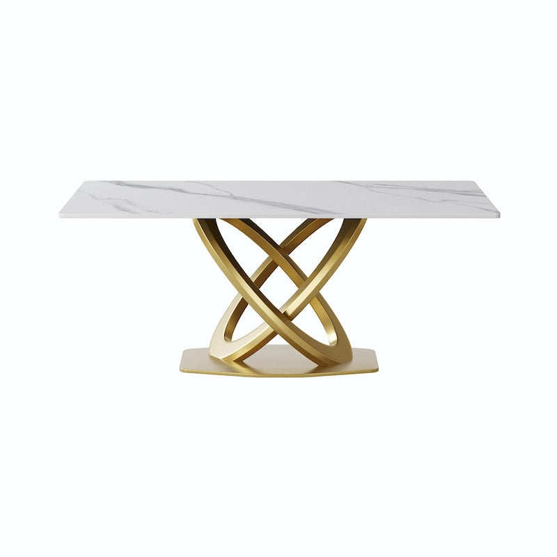 Table de salle à manger en pierre frittée blanche/noire, piédestal en acier inoxydable doré, pour 4 à 6 personnes